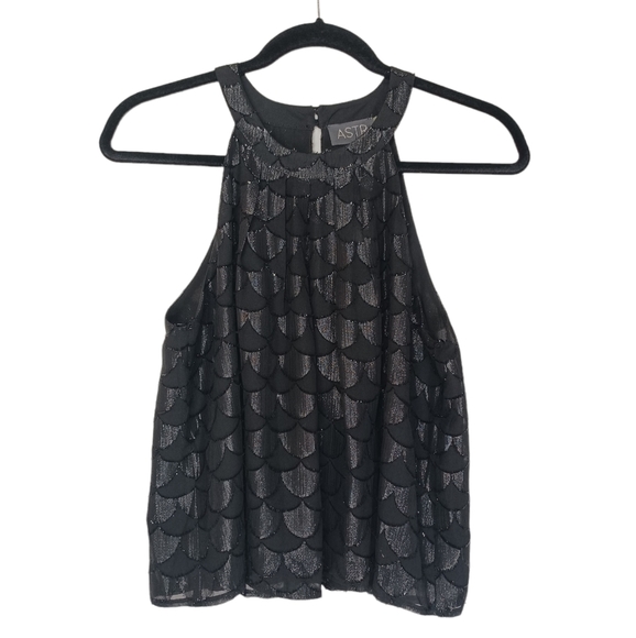 ASTR (Nordstrom) Black Shimmer Scallop Print Sleeveless Halter Top Small - Picture 1 of 6